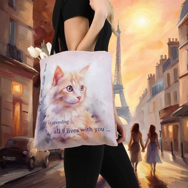 Love Is Sweet Watercolor Cat Tote Bag (Sweet love tote bag featuring a watercolor painting of a cute kitty - great for cat lovers valentine)