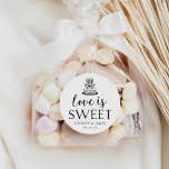 Love is Sweet | Wedding Cake Classic Round Sticker<br><div class="desc">Label your cake favors or other wedding sweets with these personalized wedding favor stickers,  featuring a vintage style wedding cake illustration with "love is sweet" in calligraphy script and block typography. Customize these whimsical yet elegant black and white seals with your names and wedding date.</div>