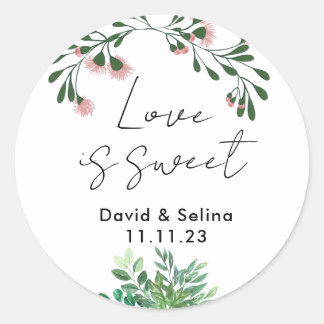 Love Is Sweet with Flowers and Leaves Wedding Classic Round Sticker