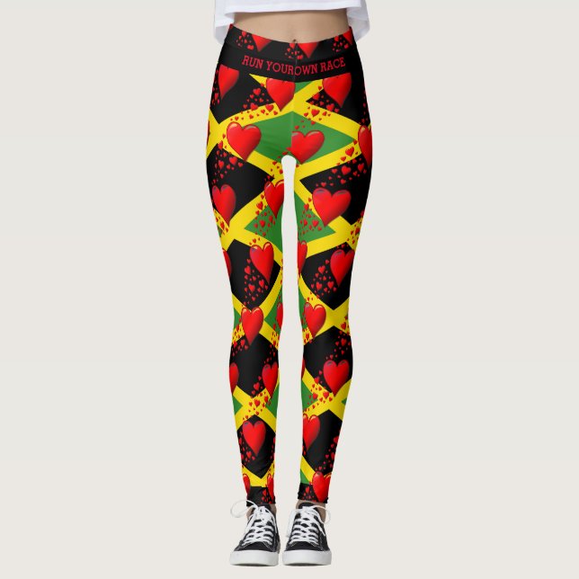 LOVE JAMAICA Flag Red Hearts RUN YOUR RACE Custom Leggings (Front)
