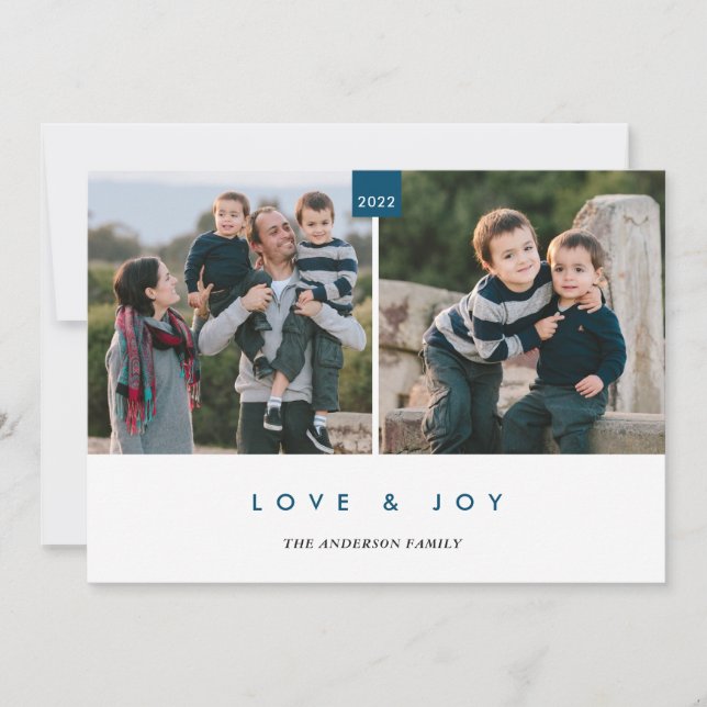Love & Joy Blue Modern Minimal 2 Photo Holiday Card (Front)