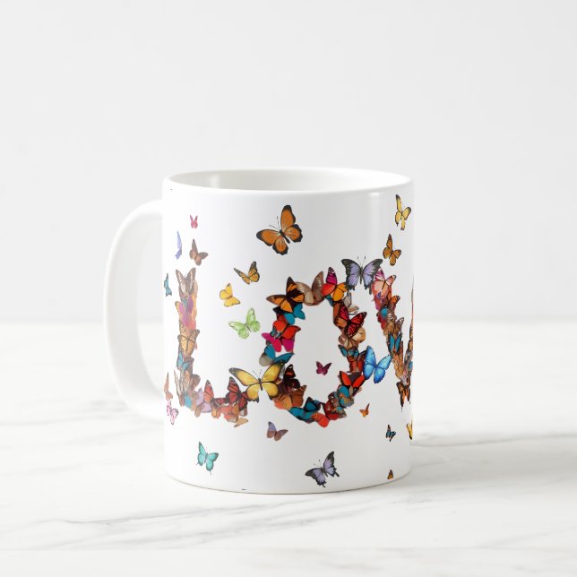 LOVE Joy Butterflies | Inspirational Motivational Coffee Mug (Front Left)