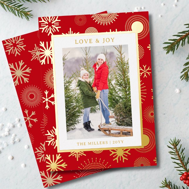 Love & Joy Christmas Photo Modern Gold Snowflake Foil Holiday Card (Creator Uploaded)