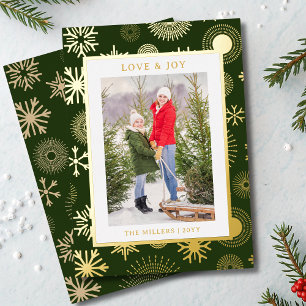Love & Joy Christmas Photo Modern Gold Snowflake Foil Holiday Card