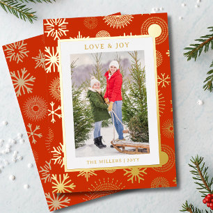 Love & Joy Christmas Photo Modern Gold Snowflake Foil Holiday Card
