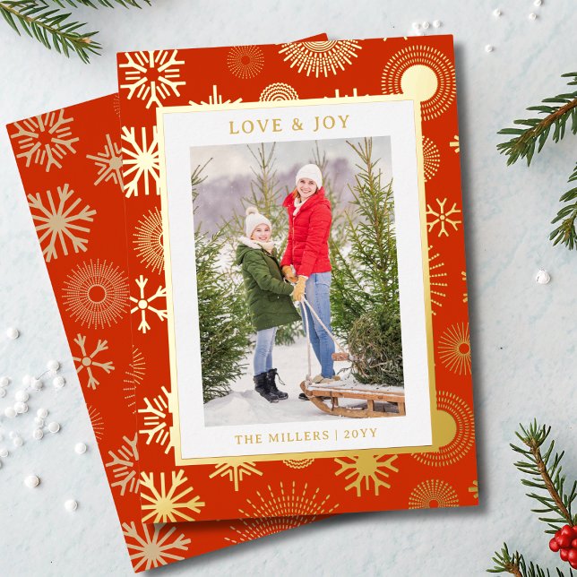 Love & Joy Christmas Photo Modern Gold Snowflake Foil Holiday Card (Creator Uploaded)