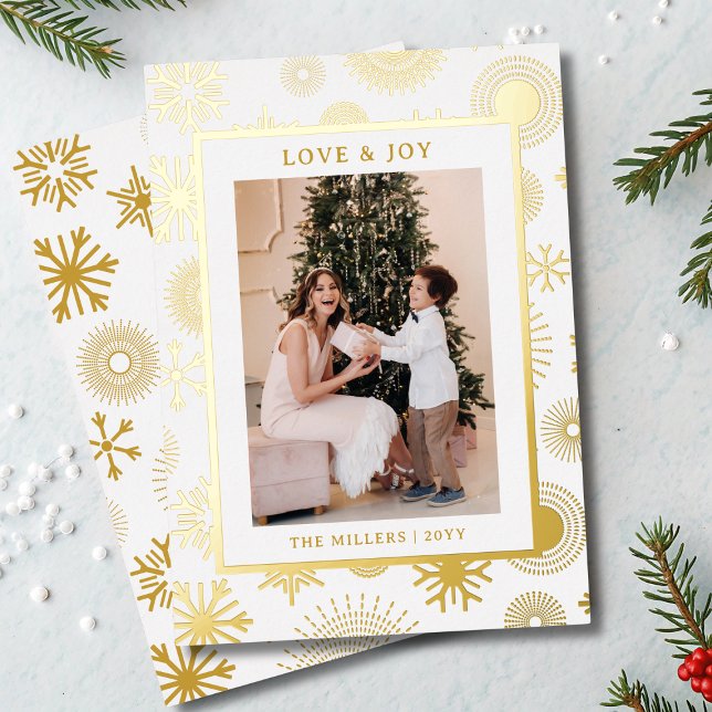 Love & Joy Christmas Photo Modern Gold Snowflakes Foil Holiday Card (Creator Uploaded)
