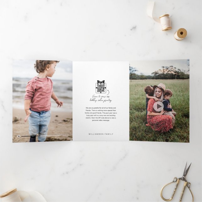 Love & Joy Family Photos QR Code Video Message Tri-Fold Holiday Card (Inside)