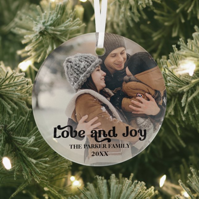 Love & Joy fancy overlay text photo glass ornament (Insitu)