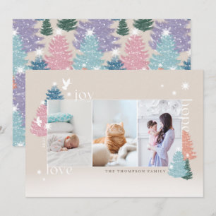 Love Joy Hope Pastel Christmas Tree Forest 3 Photo Holiday Card