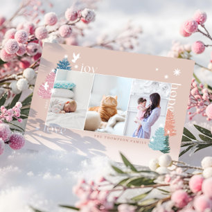 Love Joy Hope Pastel Christmas Tree Forest 3 Photo Holiday Card