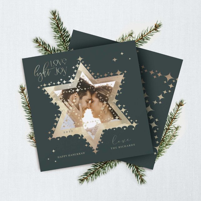 Love Joy Light Elegant Gold Star of David Photo Holiday Card (Creator Uploaded)