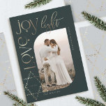 Love Joy Light Star of David Happy Hanukkah Photo Holiday Card<br><div class="desc">Elegant Hanukkah photo card featuring an elegant typography design "Love Joy Light" in faux gold wrapped around an arch photo frame. Sparkling gold stars create the star of David. The reverse side features an elegant starry twinkling star of David pattern. Artwork by Moodthology Papery.</div>