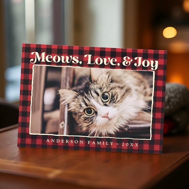 Love & Joy Modern Plaid Funny Pet Cat Photo Holiday Card (Creator Uploaded)