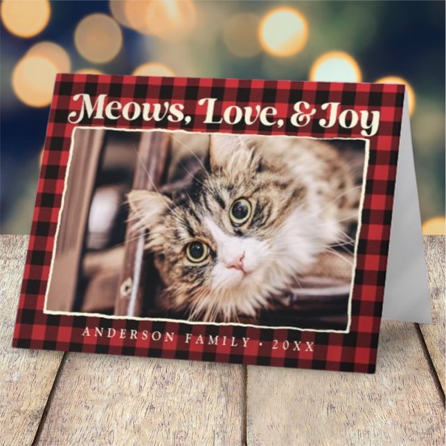 Love & Joy Modern Plaid Funny Pet Cat Photo Holiday Card (Creator Uploaded)