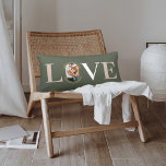 Love Joy Modern Type Geometric Family Photo Green Lumbar Cushion<br><div class="desc">Modern and stylish Christmas theme love throw pillow design. The design features the word "LOVE" with the letter "O" created with your own personalised family photo. Modern faux gold geometric concentric circle frames the photo. The reverse side features a modern faux gold geometric concentric circle pattern with Love & Joy....</div>