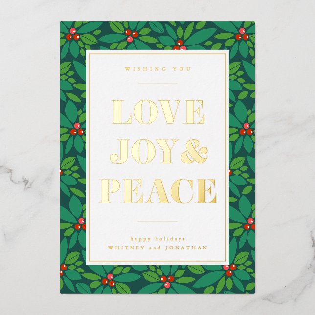 LOVE JOY & PEACE | Add Your Photo Foil Holiday Card (Front)
