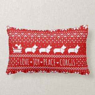 Love Joy Peace Corgis Festive Christmas Holiday Lumbar Cushion