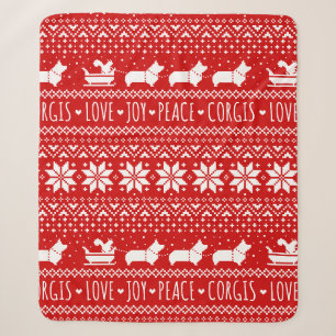 Love Joy Peace Corgis Festive Christmas Holiday Sherpa Blanket