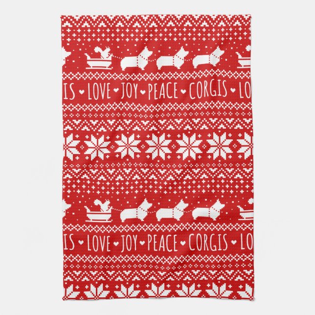 Love Joy Peace Corgis Festive Christmas Holiday Tea Towel (Vertical)