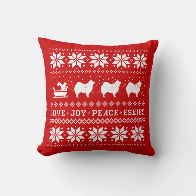 Love Joy Peace Eskies | Dogs Christmas Holiday Cushion (Front)