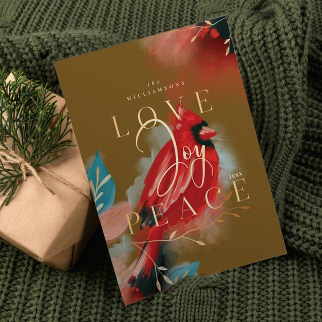 Love Joy & Peace Red Cardinal Watercolor Green Holiday Card (Love Joy & Peace Red Cardinal Watercolor Green Holiday Card)