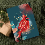 Love Joy & Peace Red Cardinal Watercolor Jade Holiday Card<br><div class="desc">Our cardinal spirit holiday Christmas card embodies warmth, life and energy inspired by nature. Expressive brush and pen strokes are combined together with our artistic stylised red cardinal bird artwork. Evoking the feeling of love, joy and peace. Saturated hues of crimson reds, blush, deep ebony black, sapphire blue and dark...</div>