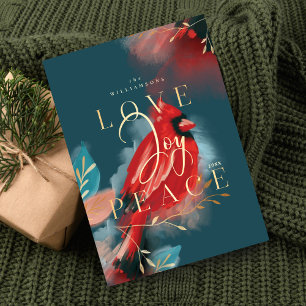 Love Joy & Peace Red Cardinal Watercolor Jade Holiday Card