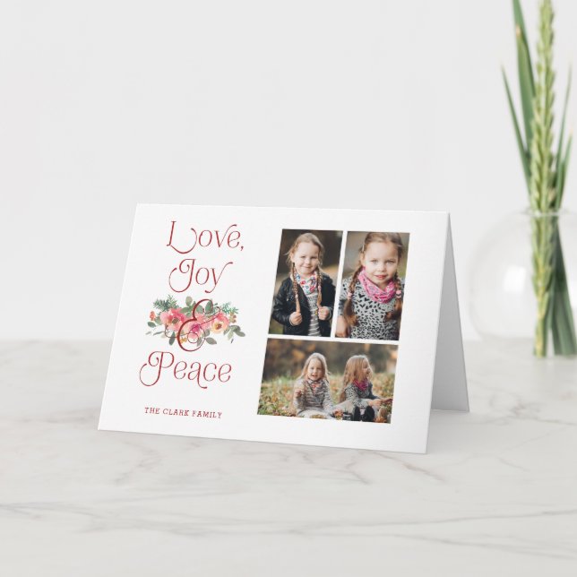 Love, Joy & Peace Typography Pastel Floral 3-Photo Holiday Card (Front)