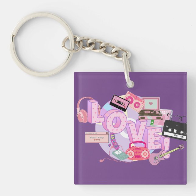 LOVE Keychain – Pink & Purple Retro Music Memories (Front)