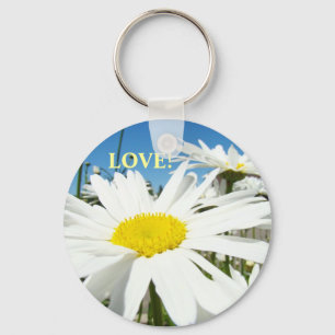 LOVE! keychain White Daisy Flowers Blue Sky Floral