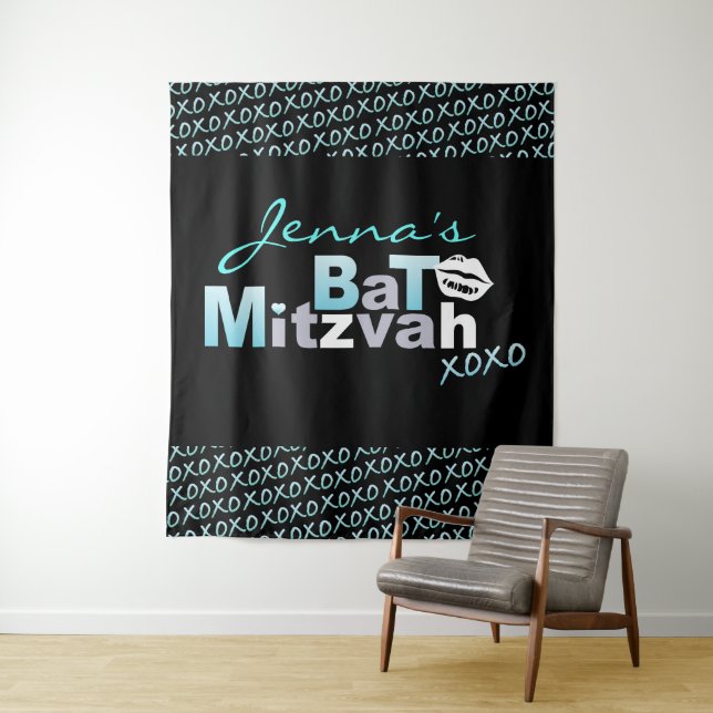 LOVE & KISSES Aqua Bat Mitzvah Photo-Op Backdrop Tapestry (In Situ)
