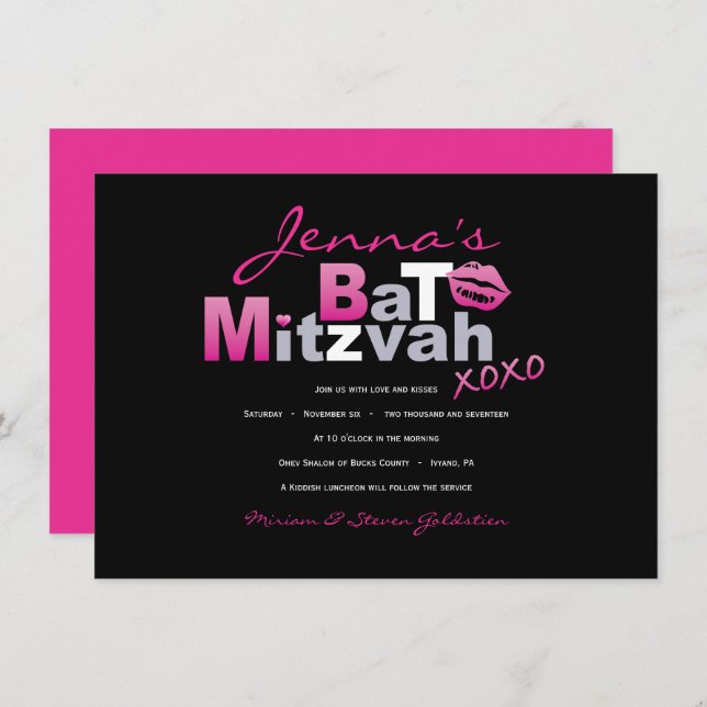 LOVE & KISSES HOT PINK Bat Mitzvah Invitation (Front/Back)