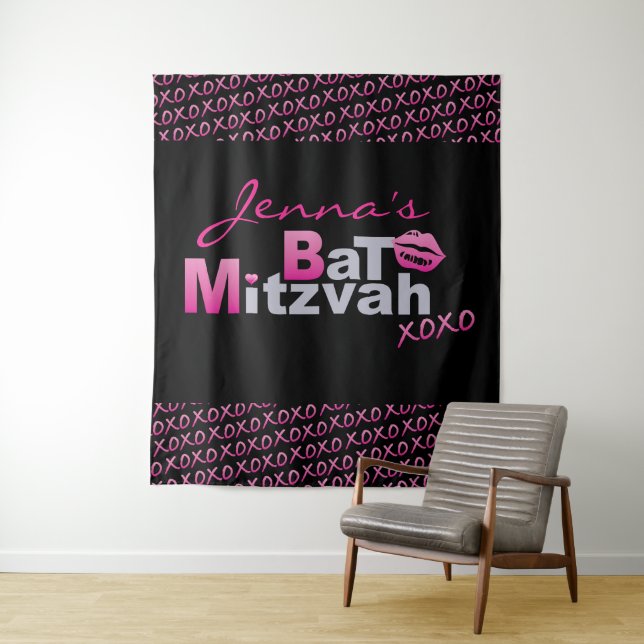LOVE & KISSES PINK Bat Mitzvah Photo-Op Backdrop Tapestry (In Situ)
