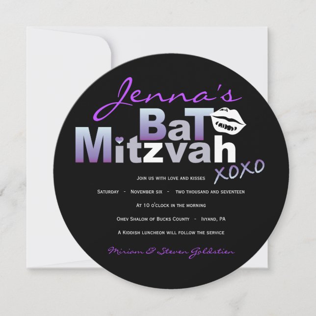 LOVE & KISSES Purple Bat Mitzvah Invitation (Front)