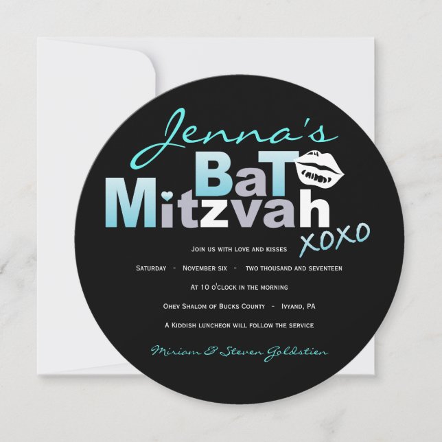 LOVE & KISSES Turquoise Bat Mitzvah Invitation (Front)