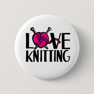 Love knitting button badge in pink black white