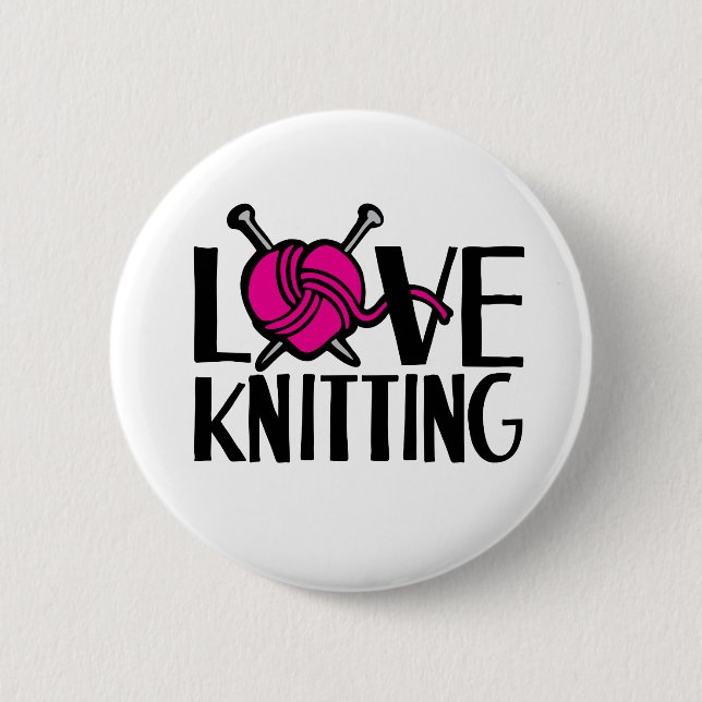 Love knitting button badge in pink black white (Front)