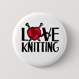 Love knitting button badge in red black white