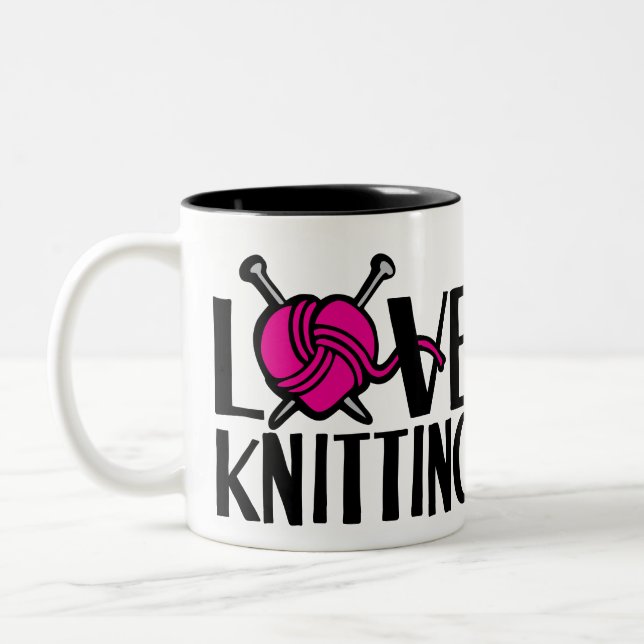 Love knitting graphic pink wool mug (Left)
