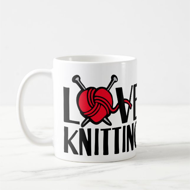 Love knitting graphic red wool mug (Left)