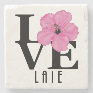 LOVE Laie Hawaii Pink Hibiscus Stone Coaster