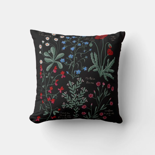 Love language of flowers black botanical cushion (Front)