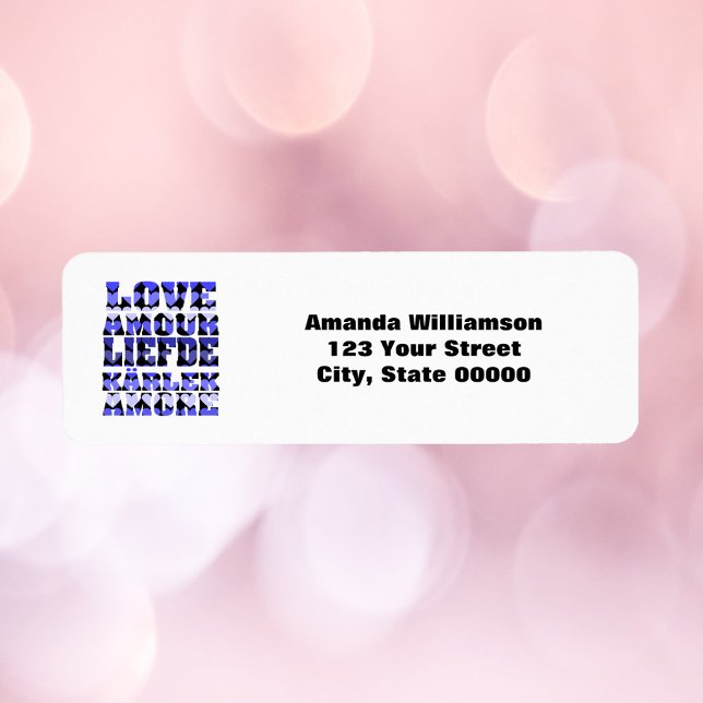 Love Languages Blue Personalise Return  Address Label (A return address label that says love with blue hearts along with text you can personalize!)