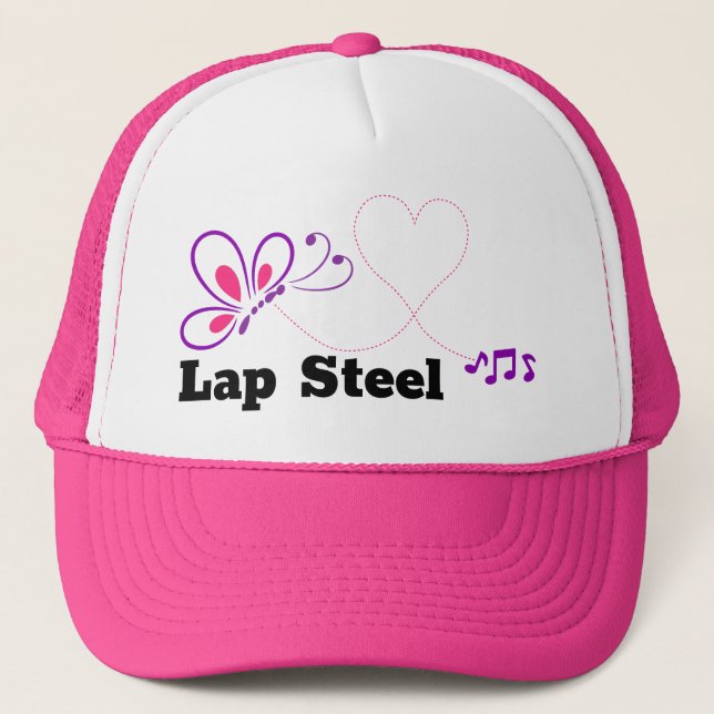 Love Lap Steel Pink Purple Butterfly Heart Trucker Hat (Front)