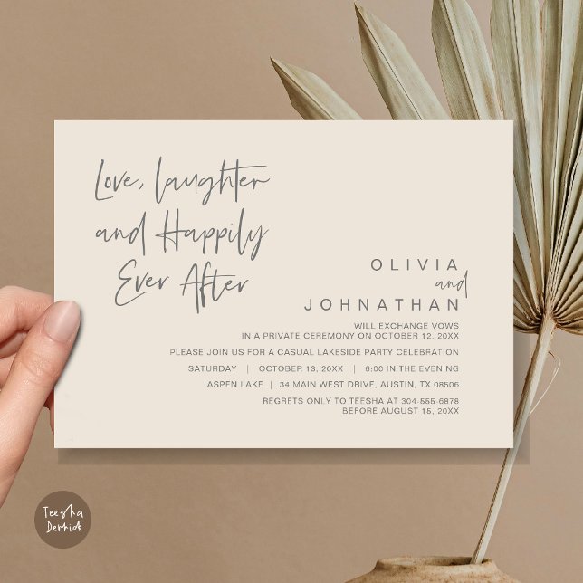 Love, Laughter and Happily ever after, Elopement I Invitation (Love, Laughter and Happily Ever After, Wedding Elopement Dinner Invitation Card, Cream Dark Grey)