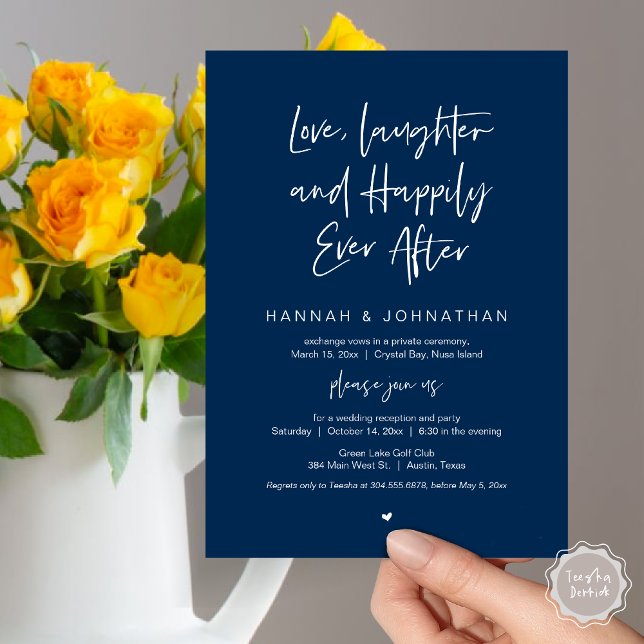 Love, Laughter, Black, Wedding Elopement Party Invitation (Love Laughter Happily Ever After Wedding Elopement Dinner Party Invitation Card, PDF, Navy Blue)