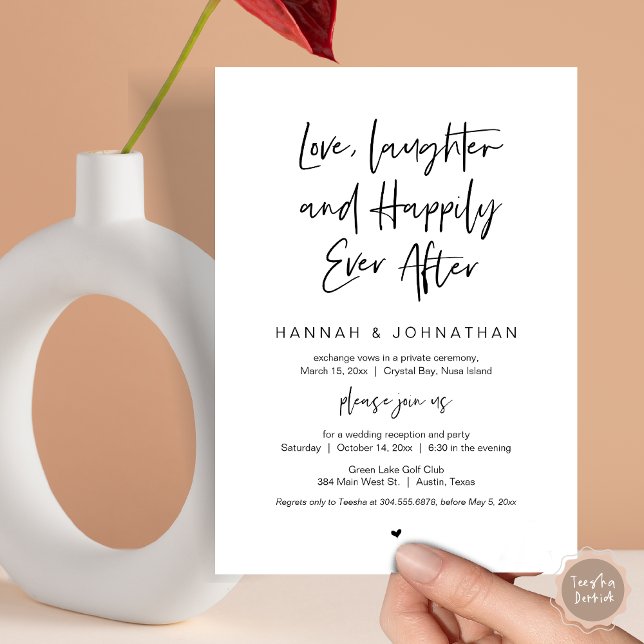 Love, Laughter, Black, Wedding Elopement Party Invitation (Love Laughter Happily Ever After Wedding Elopement Dinner Party Invitation Card, PDF, White Black)