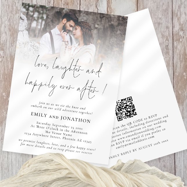 Love Laughter Happily Ever After QR Photo Wedding Invitation (Front and back view. Available digitally and printed. Part of a large matching wedding suite)