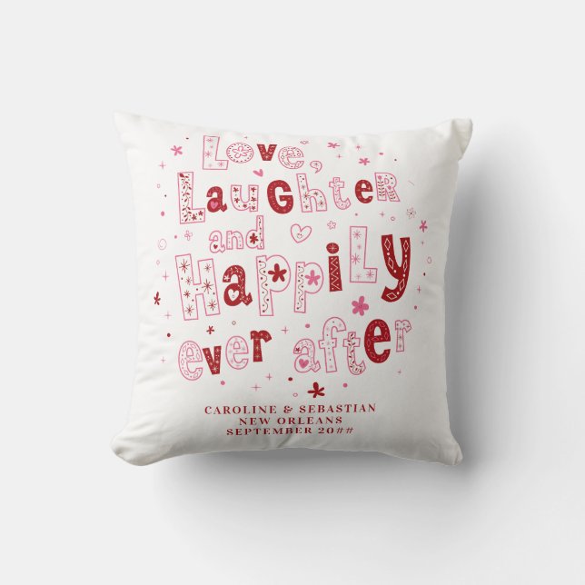 Love Laughter Happily Ever Personalised Wedding Cushion (Front)